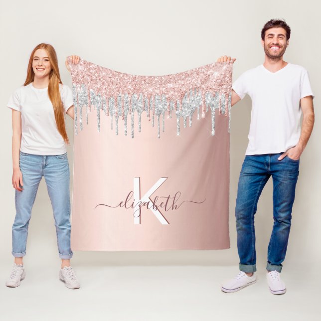 Rose Gold Glitzer Schwarz Funkeln Silber Monogramm Fleecedecke (Beispiel)