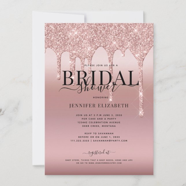 Rose Gold Glitzer Script Bridal Einladung (Vorderseite)