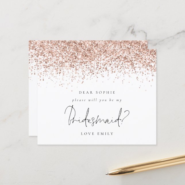 Rose Gold Glitzer Script Bridesmaid Anforderung (Vorderseite/Rückseite Beispiel)