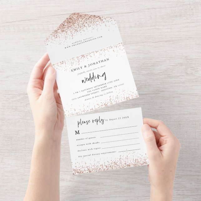 Rose Gold Glitzer Script Hochzeit All In One Einladung (Abreißen)