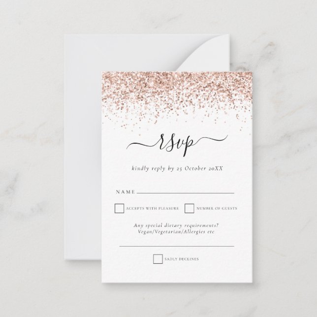 Rose Gold Glitzer Script Hochzeit RSVP Enclosure C Mitteilungskarte (Vorderseite)