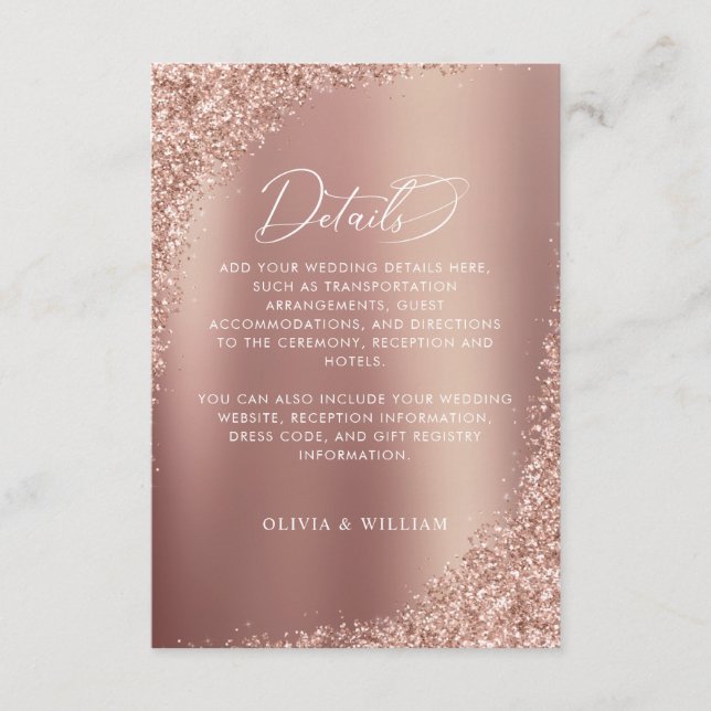 Rose Gold Glitzer Script Hochzeitsdetails Begleitkarte (Vorderseite)
