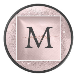 Rose Gold Glitzer Script Monogram Eishockey Puck