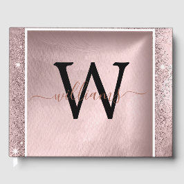 Rose Gold Glitzer Script Monogram Gästebuch