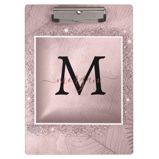 Rose Gold Glitzer Script Monogram Klemmbrett (Vorderseite)