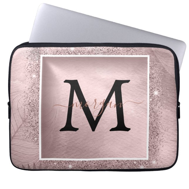 Rose Gold Glitzer Script Monogram Laptopschutzhülle (Vorderseite)