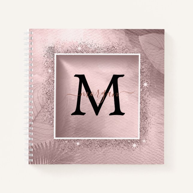 Rose Gold Glitzer Script Monogram Notizbuch (Vorderseite)