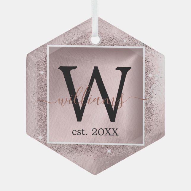 Rose Gold Glitzer Script Monogram Ornament Aus Glas (Vorderseite)