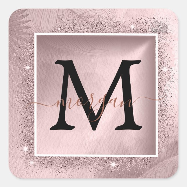 Rose Gold Glitzer Script Monogram Quadratischer Aufkleber (Vorderseite)