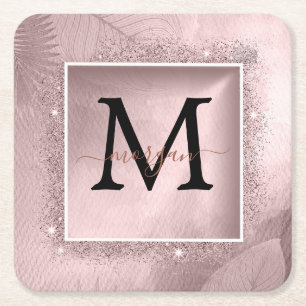 Rose Gold Glitzer Script Monogram Rechteckiger Pappuntersetzer