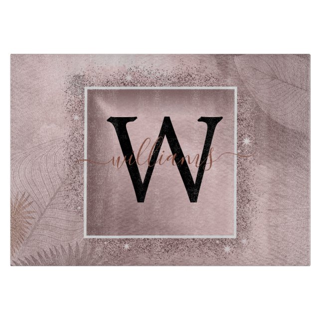 Rose Gold Glitzer Script Monogram Schneidebrett (Vorderseite)