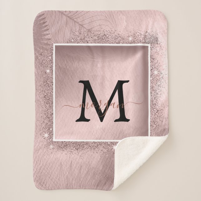 Rose Gold Glitzer Script Monogram Sherpadecke (Vorderseite)
