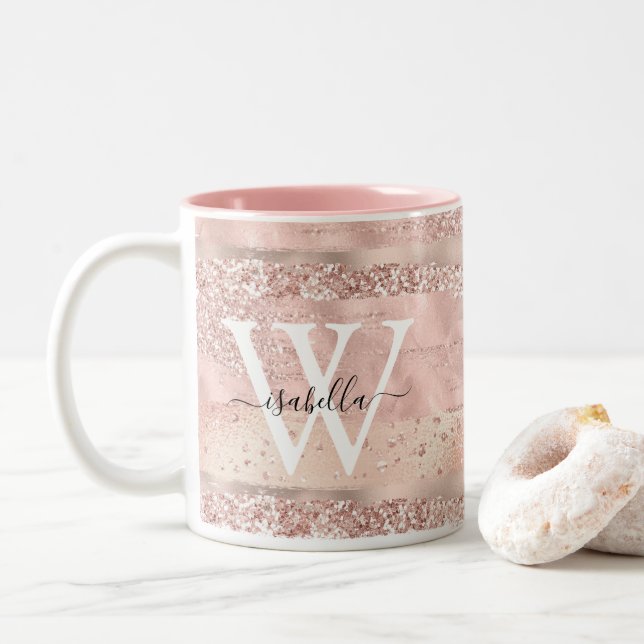 Rose Gold Glitzer Script Monogram Zweifarbige Tasse (Mit Donut)
