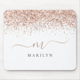 Rose Gold Glitzer Script Name Monogram Initial Mousepad