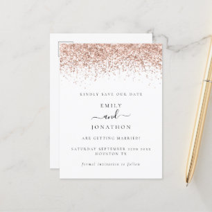Rose Gold Glitzer Script Save the Date Elegant Ankündigungspostkarte