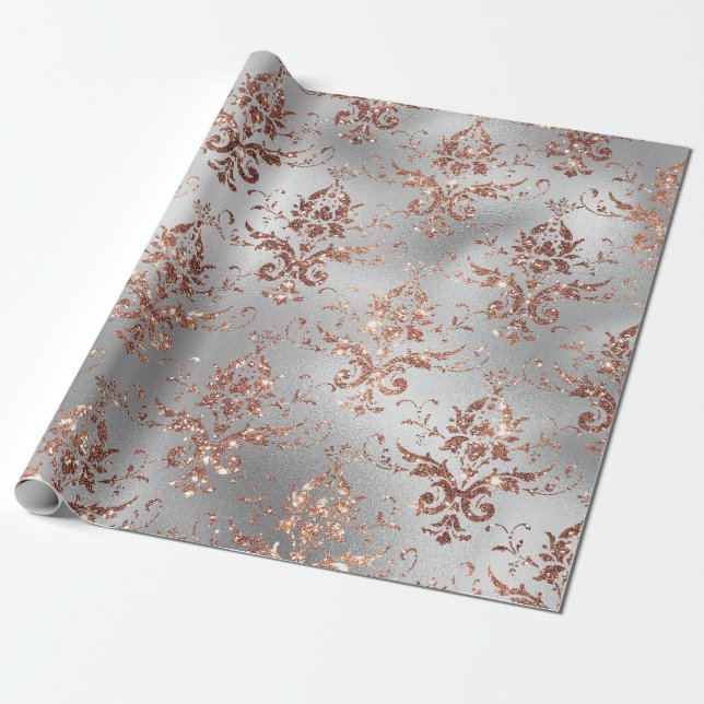 Rose Gold Glitzer Scroll Arbeiten an Grau Geschenkpapier (Ungerollt)