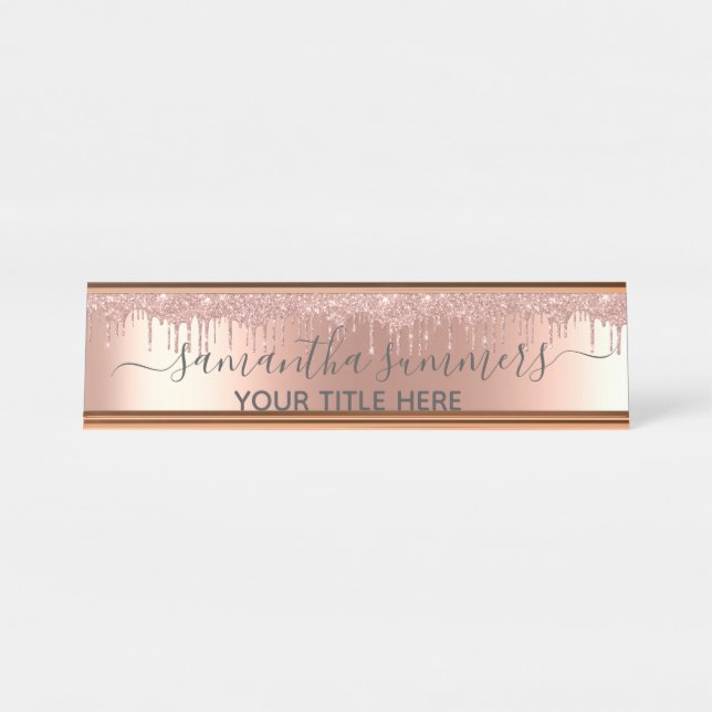 Rose Gold Glitzer sehen Tropfen handschriftlich au Schreibtischnamensplakette (Vorderseite )