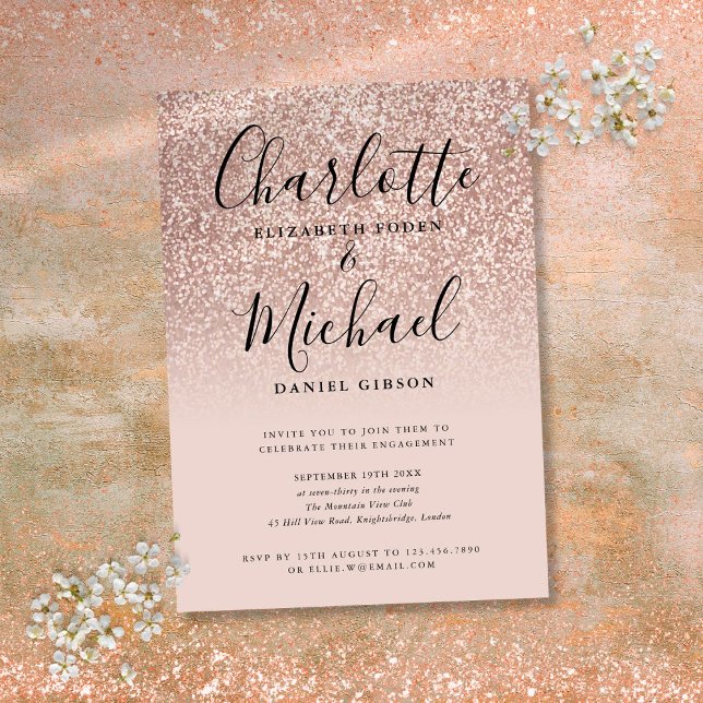 Rose Gold Glitzer Signature Engagement Partei Einladung (Rose Gold Glitter Signature Engagement Party Invitation)