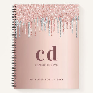 Rose Gold Glitzer Silberblüte Monogramm Initialen Notizbuch