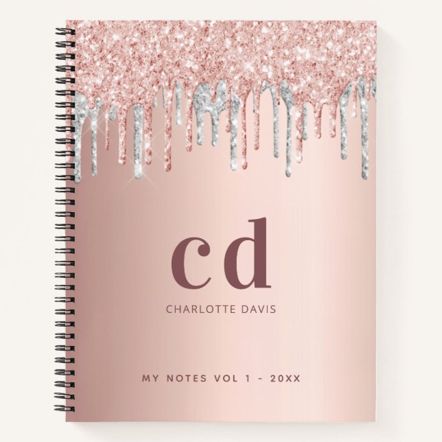 Rose Gold Glitzer Silberblüte Monogramm Initialen Notizbuch (Vorderseite)