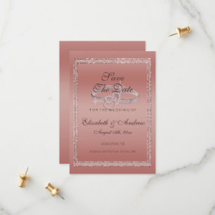 Rose Gold Glitzer & Silver Wedding Rings Save The Date