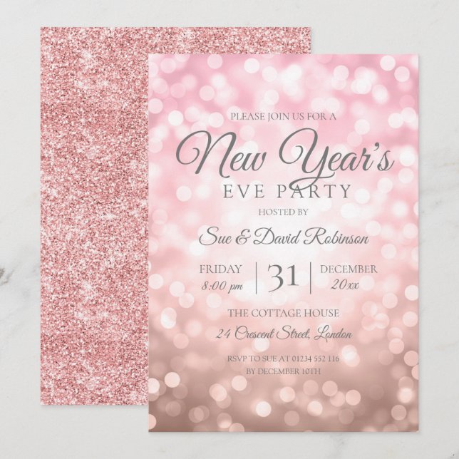Rose Gold Glitzer Silvester Party Lights Einladung (Vorne/Hinten)