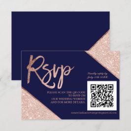 Rose Gold Glitzer Skript Blue QR-Code uAwg Hochzei RSVP Karte