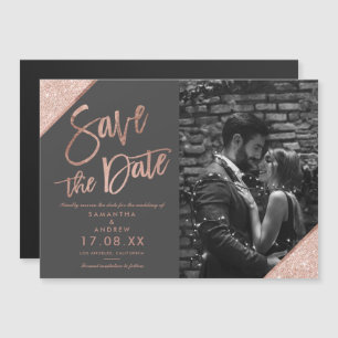 Rose Gold Glitzer Skript Graues Foto Save the Date Magnetkarte