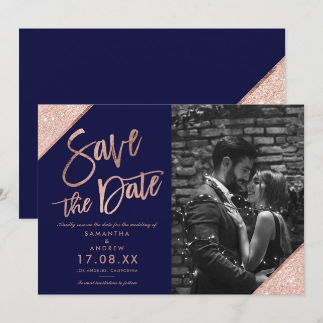 Rose Gold Glitzer Skript Marine Save the Date blau (Vorne/Hinten)