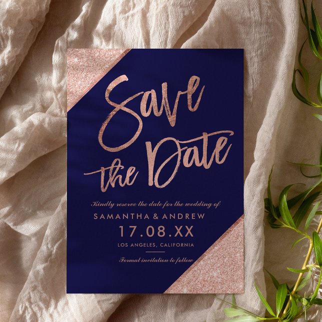 Rose Gold Glitzer Skript Marine Save the Date blau (Von Creator hochgeladen)