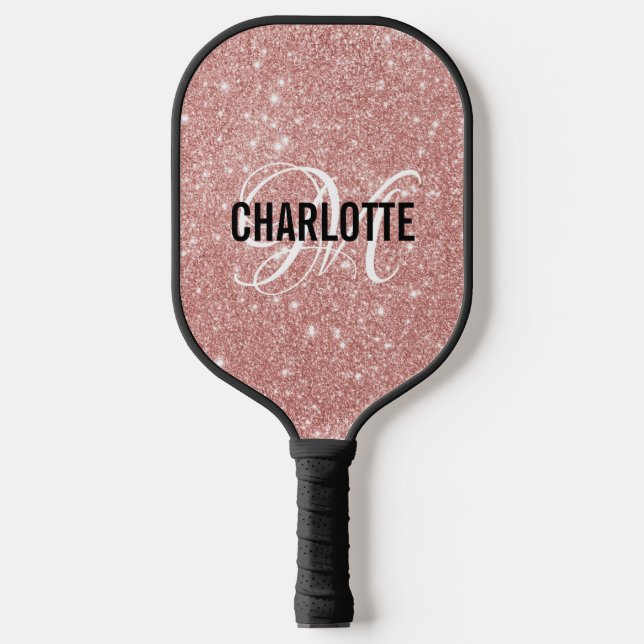 Rose Gold Glitzer Skriptname Monogramm Pickleball Schläger (Vorderseite)