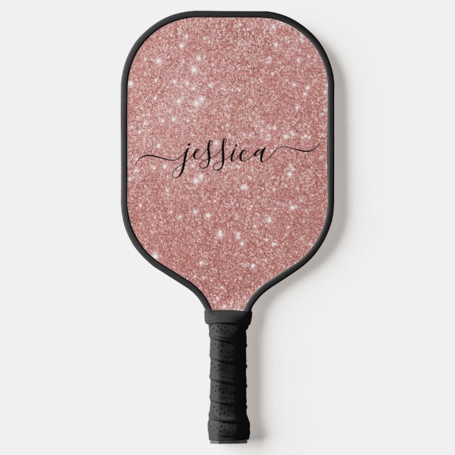 Rose Gold Glitzer Skriptname Pickleball Paddel Schläger (Vorderseite)
