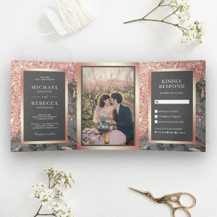 Rose Gold Glitzer Slate Gray Marble Foto Hochzeit Dreifach Gefaltete Einladung