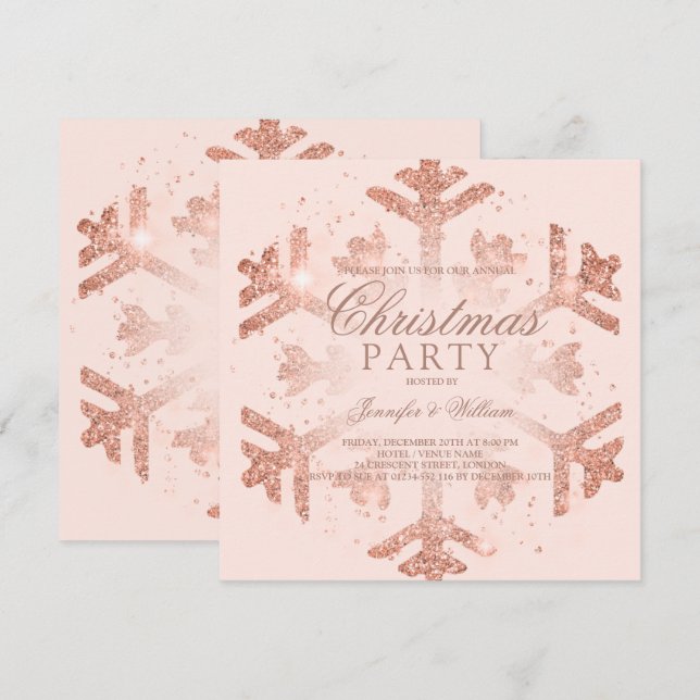 Rose Gold Glitzer Snowflake Weihnachten Weihnachts Einladung (Vorne/Hinten)