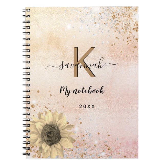 Rose Gold Glitzer Sonnenblume Monogramm Name Notizblock (Vorderseite)