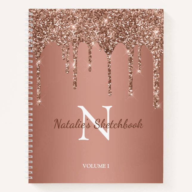 Rose Gold Glitzer Sparkeller Tropfen Monogram Sket Notizbuch (Vorderseite)