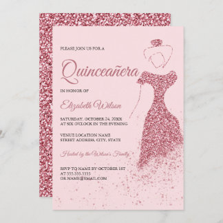 Rose Gold Glitzer Sparkenkleid Quinceanera Einladung