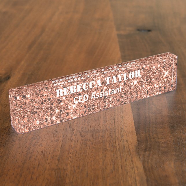 Rose Gold Glitzer Sparkle Schreibtisch Namensplakette (Seite)