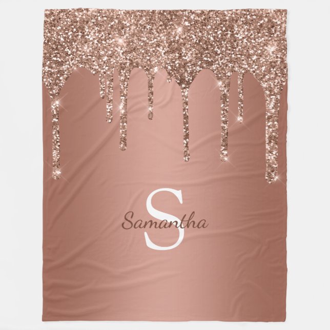 Rose Gold Glitzer Sparkle Tropfen Monogram Name Fleecedecke (Vorderseite)