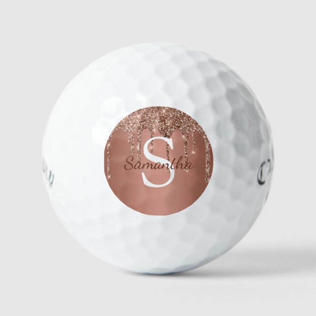 Rose Gold Glitzer Sparkle Tropfen Monogram Name Golfball (Vorderseite)