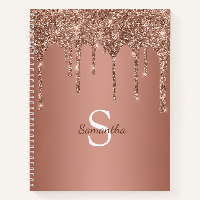 Rose Gold Glitzer Sparkle Tropfen Monogram Name Notizbuch (Vorderseite)