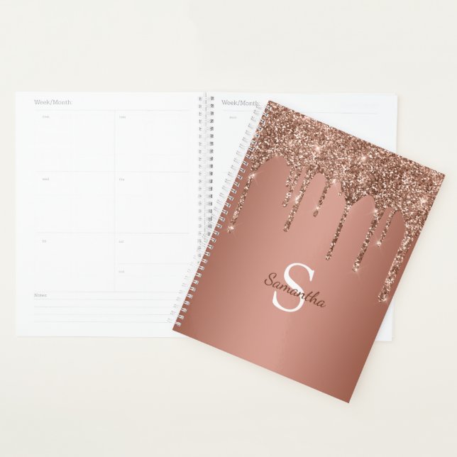 Rose Gold Glitzer Sparkle Tropfen Monogram Name Planer (Anzeige)