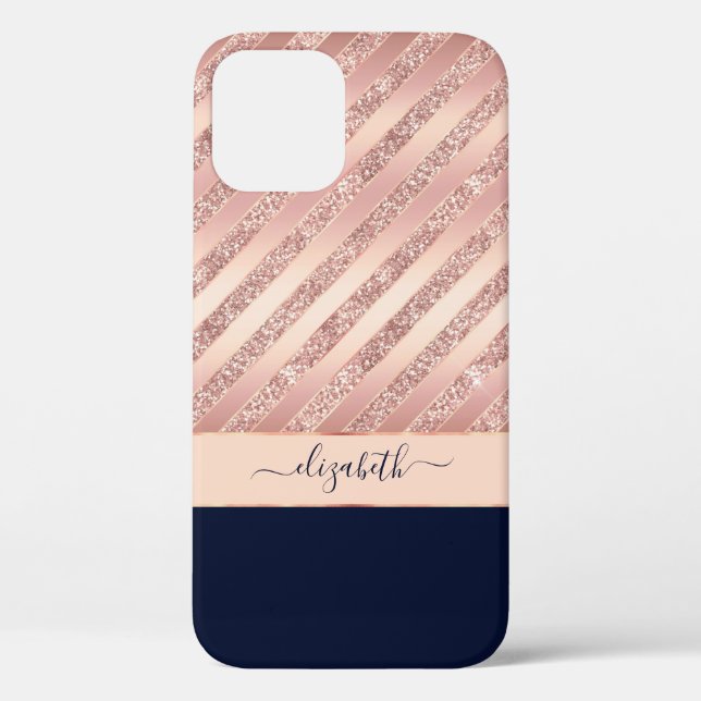 Rose Gold Glitzer Streifen Navy Glam Personalisier Case-Mate iPhone Hülle (Rückseite)