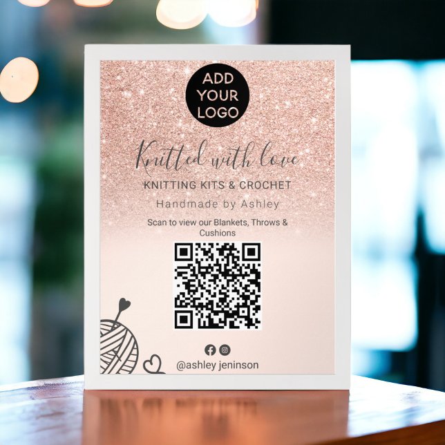 Rose Gold Glitzer Strickgarn Qr-Code Poster (Rose gold glitter knitting crochet yarn Qr code Poster)