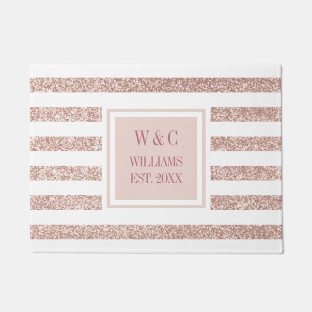 Rose Gold Glitzer Strip Monogram Familienname Fußmatte (Vorderseite)