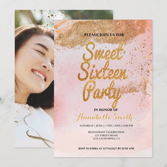 Rose Gold Glitzer süß 16 Einladung (Vorne/Hinten)