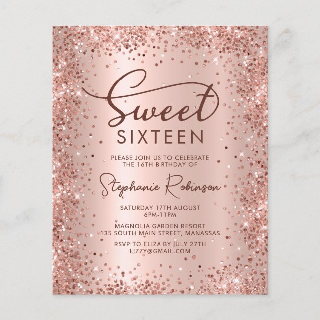 Rose Gold Glitzer Sweet 16 Geburtstag Einladung (Vorderseite)