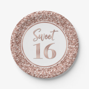 Rose Gold Glitzer Sweet 16 Geburtstagsparty Pappteller