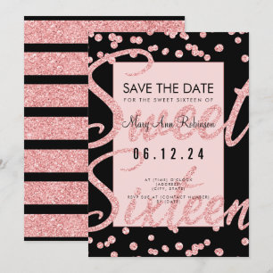 Rose Gold Glitzer Sweet 16 Party Rett Schwarz Einladung