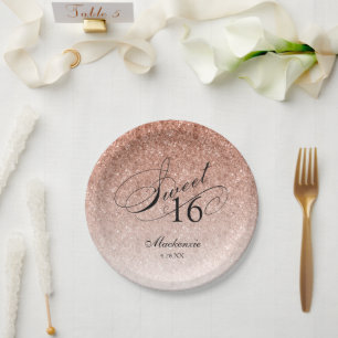 Rose Gold Glitzer Sweet 16 Personalisiert Pappteller